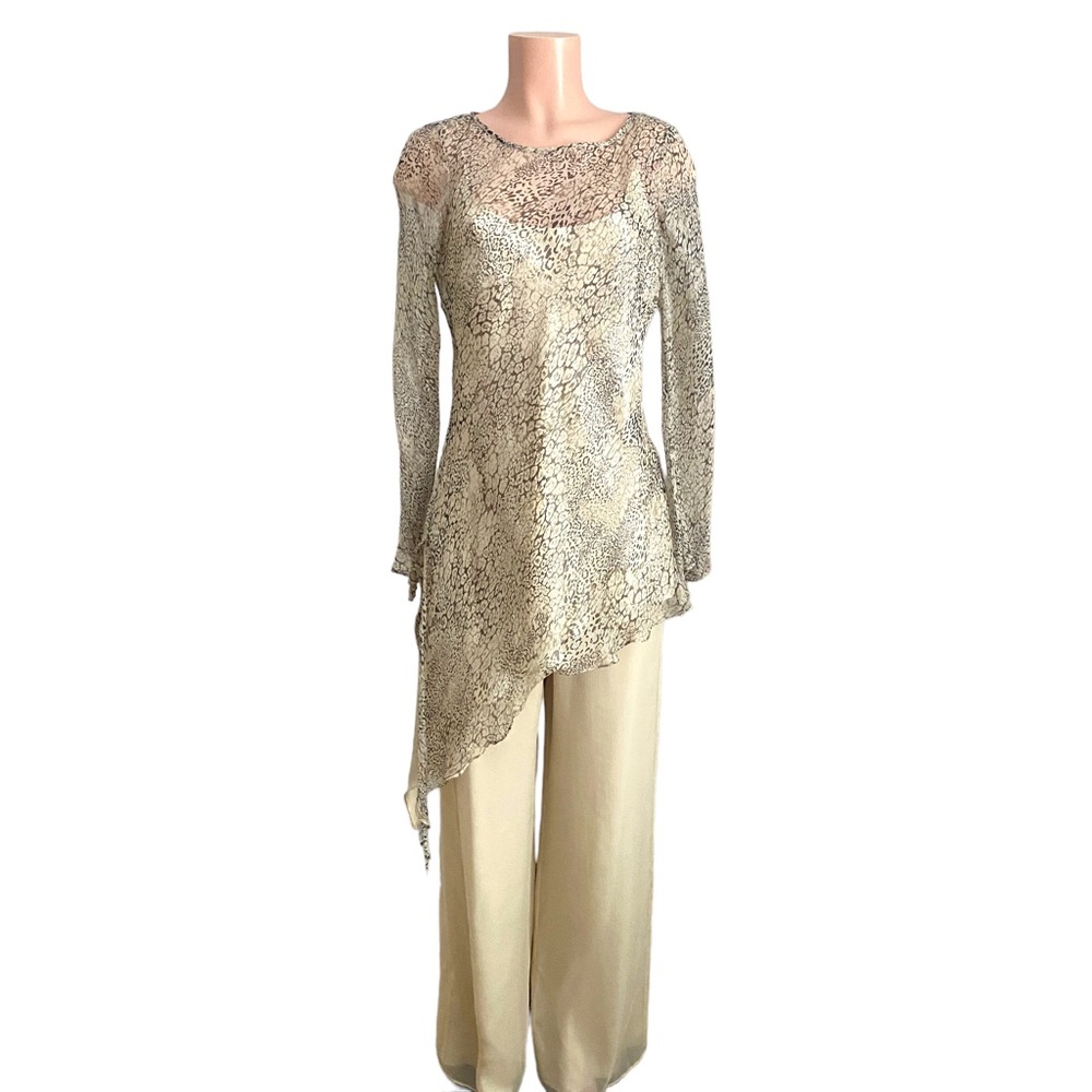Vintage Flores & Flores Asymmetrical Shimmer Cheetah Silk 3 Piece Pant Suit 12